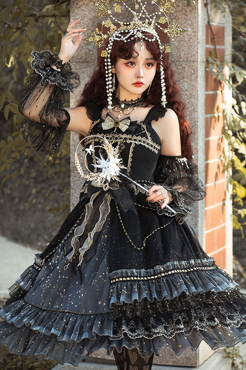 Black Starry Night Square Collar Bowknot Multi-Layer Ruffled Cardigan Gothic Lolita JSK Dress with Detached Sleeves - Product - 4