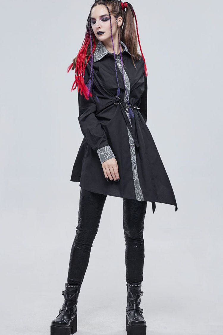 Black Gothic Patchwork Lace Spider Web Design Asymmetric Pleats Metal D-Shaped Buckle Decoration Long Women's Shirt - Product - 6