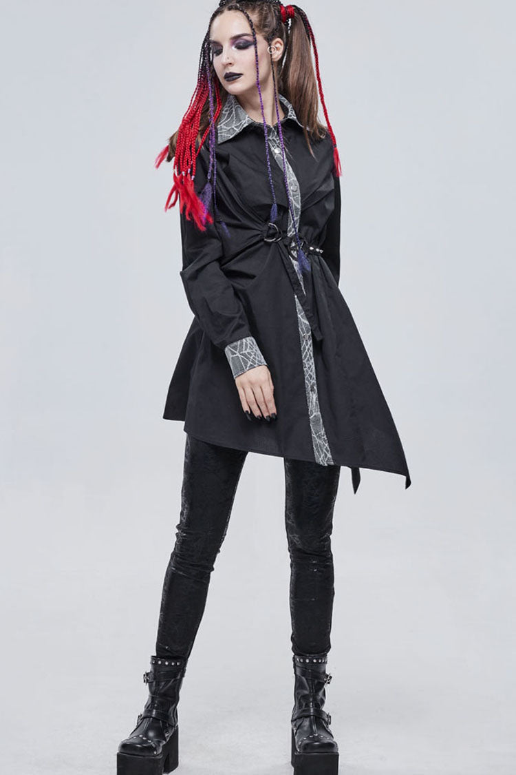 Black Gothic Patchwork Lace Spider Web Design Asymmetric Pleats Metal D-Shaped Buckle Decoration Long Women's Shirt - Product - 6