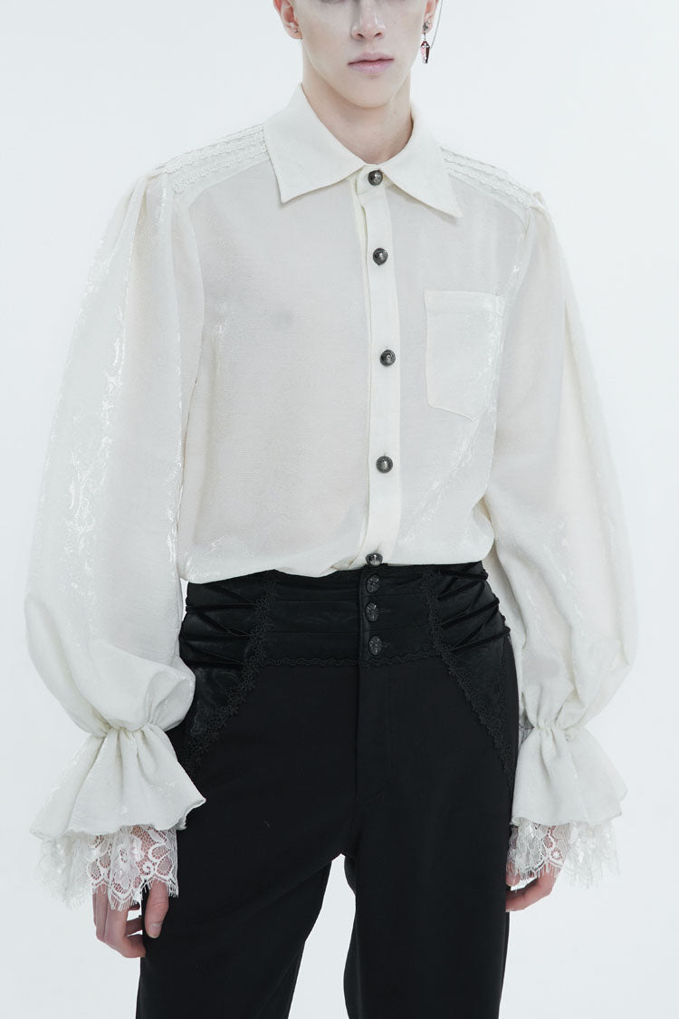White Lapel Collar Puff Sleeved Lace Hem Men's Gothic Shirt - White - 1