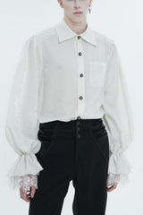 White Lapel Collar Puff Sleeved Lace Hem Men's Gothic Shirt - White - 1
