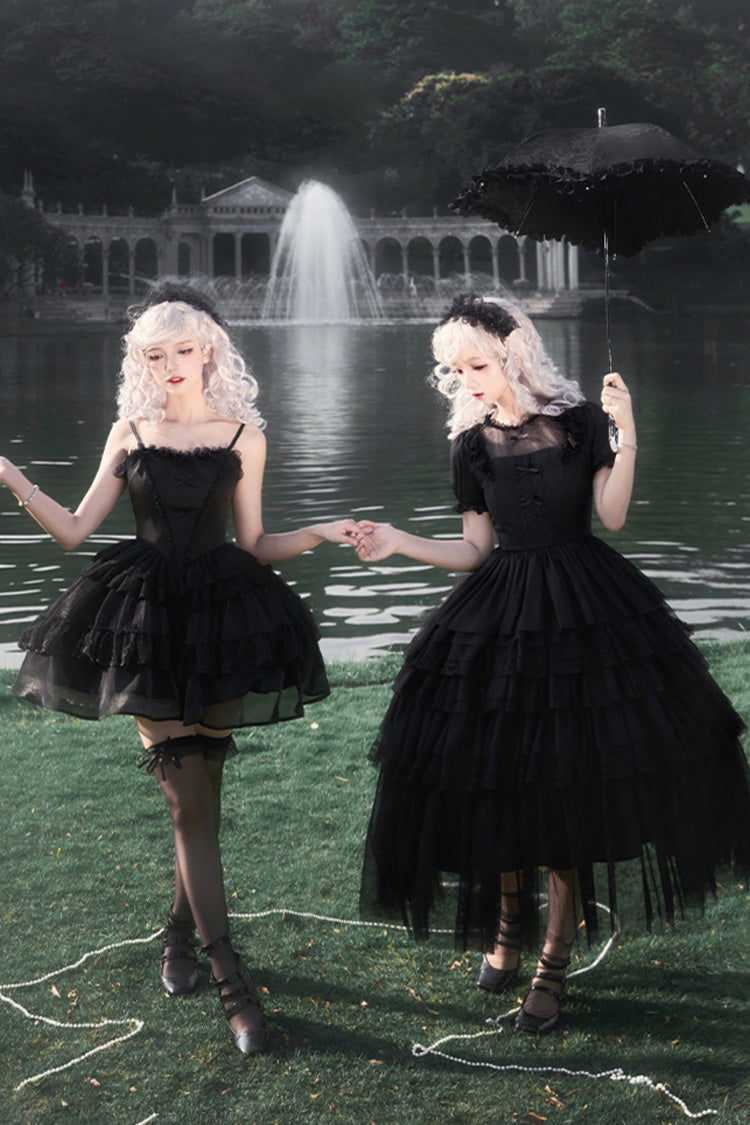 Black Twin Ivory Towers Short Sleeves Five-Layered Ruffle Gothic Lolita Dress - Product - 12