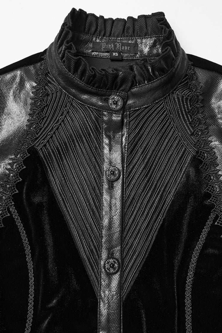 Black Stand Collar Long Puff Sleeves Stitching Lace-Up Women's Gothic Coat - Product - 5