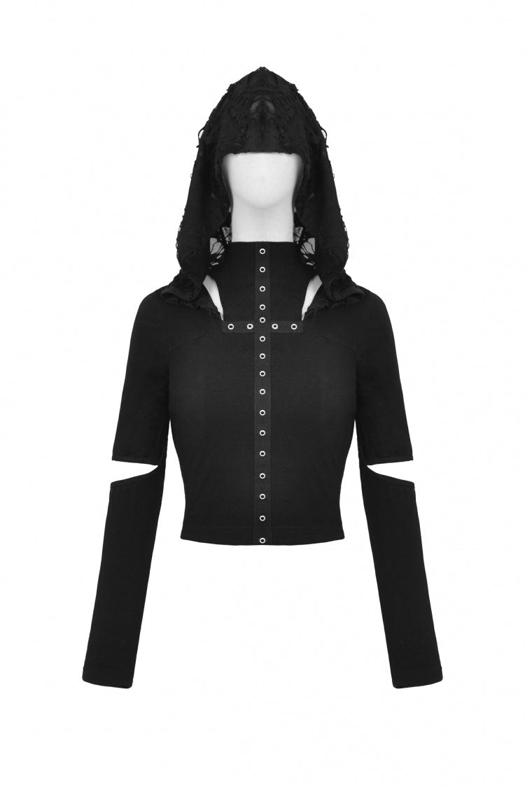 Black Metal Cross Eyelet Long Sleeves Cut-Out Women's Punk Crop Top with Ripped Hood - Product - 3