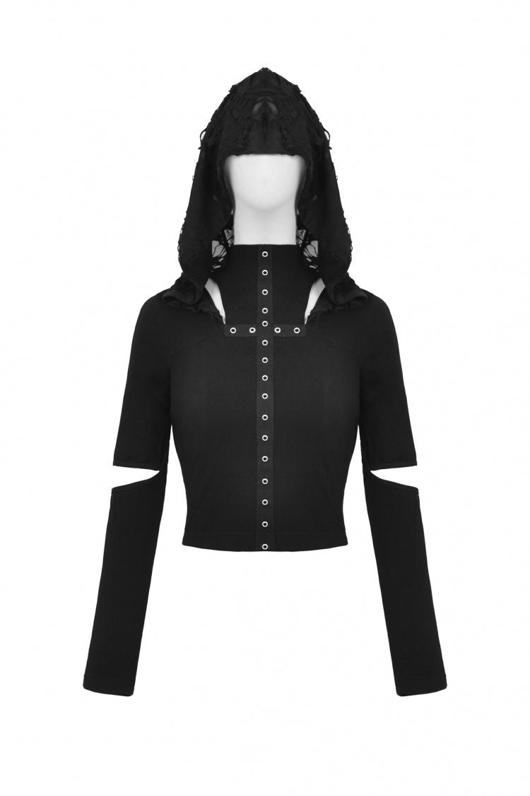 Black Metal Cross Eyelet Long Sleeves Cut-Out Women's Punk Crop Top with Ripped Hood - Product - 3