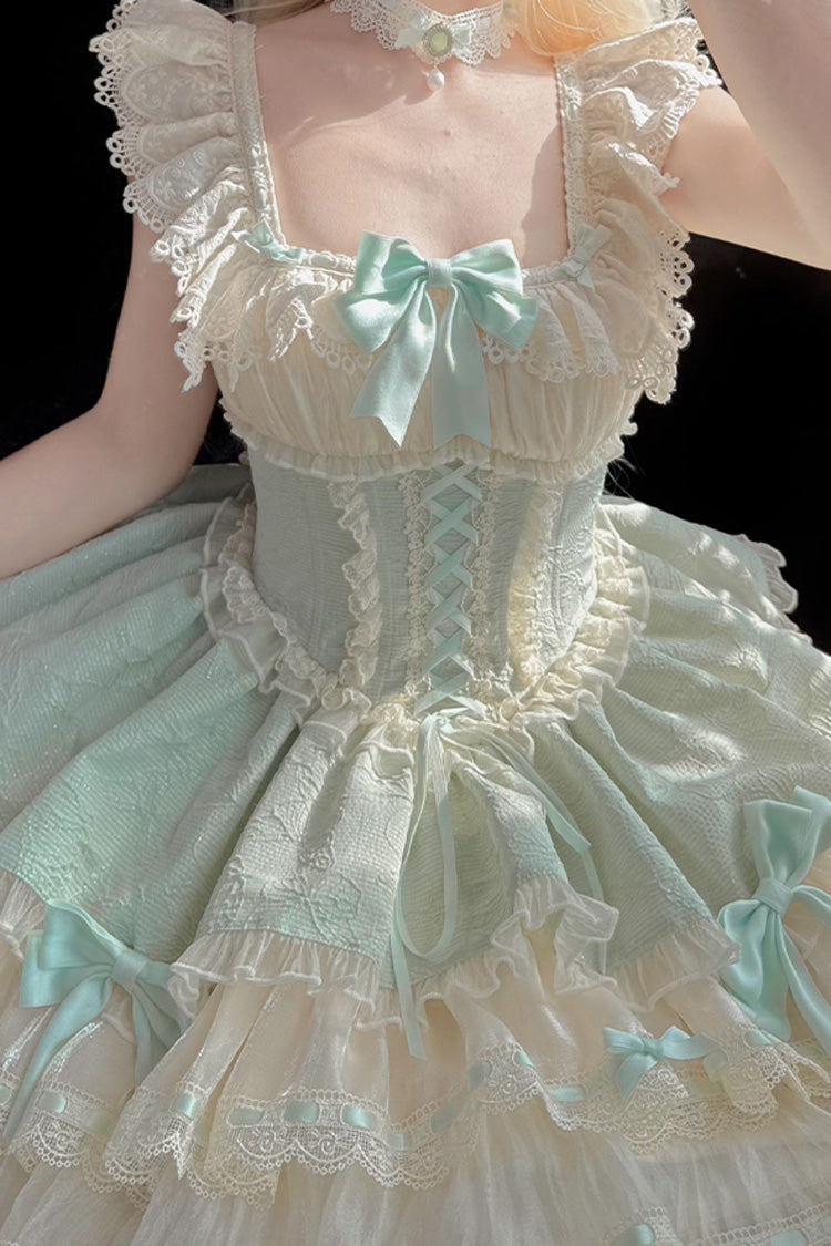 Green [Flory Butterfly] Double-Layered Ruffle Bowknot Lace Lace-Up Sweet Ballet Lolita Jsk Dress - Product - 7