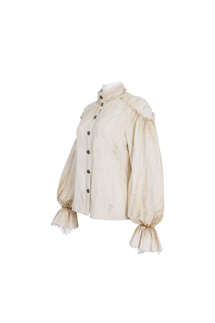 Beige Stand Collar Lantern Sleeves Print Lace Women's Punk Blouse - Product - 6