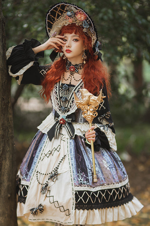 Multi-Color Ruffled Sleeve Retro Printed High Waist Classic Lolita OP Dress - Product - 2