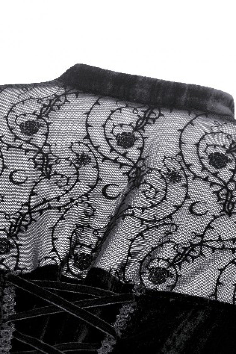 Black Lace Long Trumpet Puff Sleeves Floral Jacquard Cut-Out Lace-Up Women's Gothic Short Dress - Product - 16