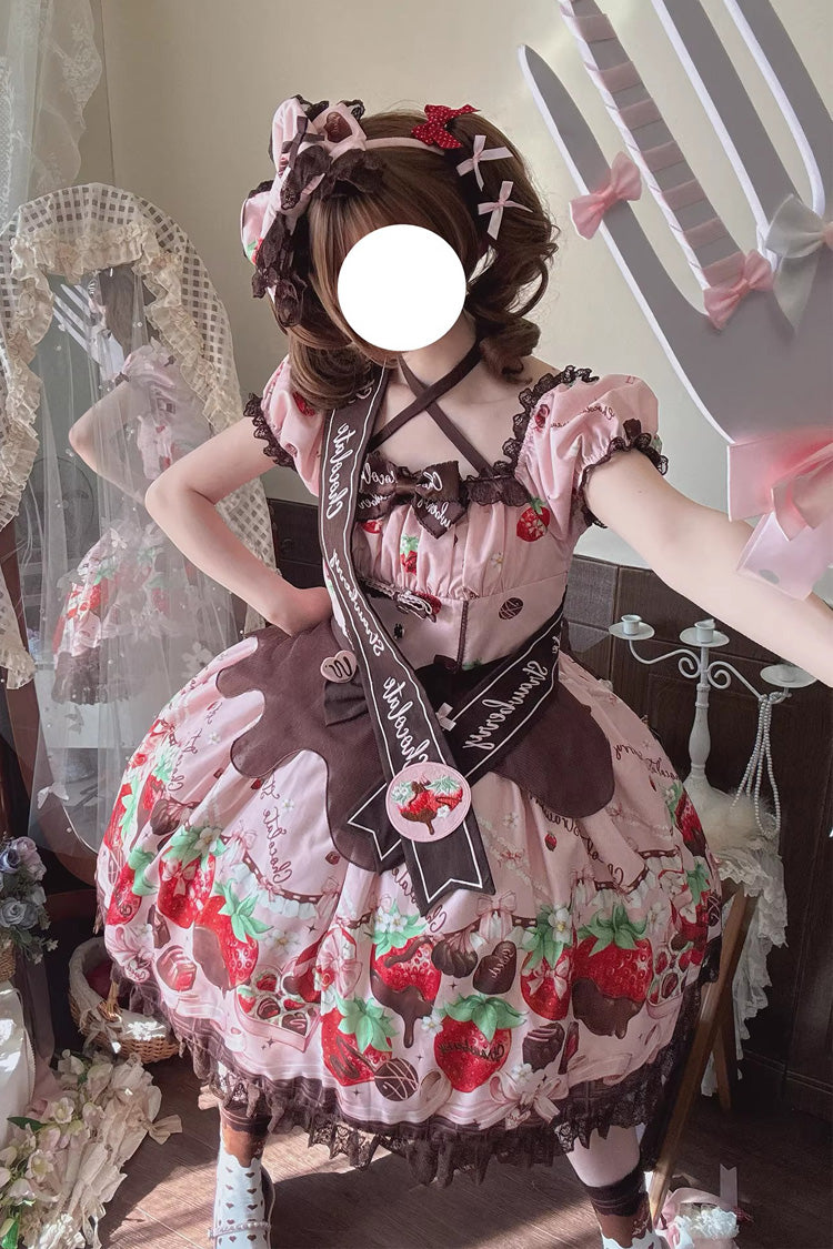 Pink [Strawberry Chocolate Lover] Square Collar Short Sleeves Printed Ruffled Bow Lace Sweet Lolita Dress - Product - 17