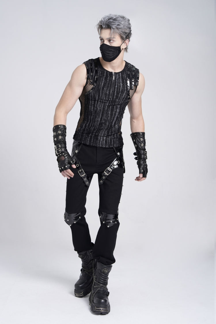 Black Armor Patent Leather Stitching Men's Punk Pants - Product - 9