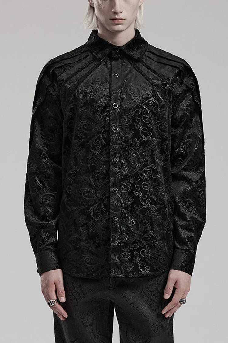 Black Long Sleeves Dark Pattern Print Webbing Decoration Mens Gothic Blouse - Black - 1