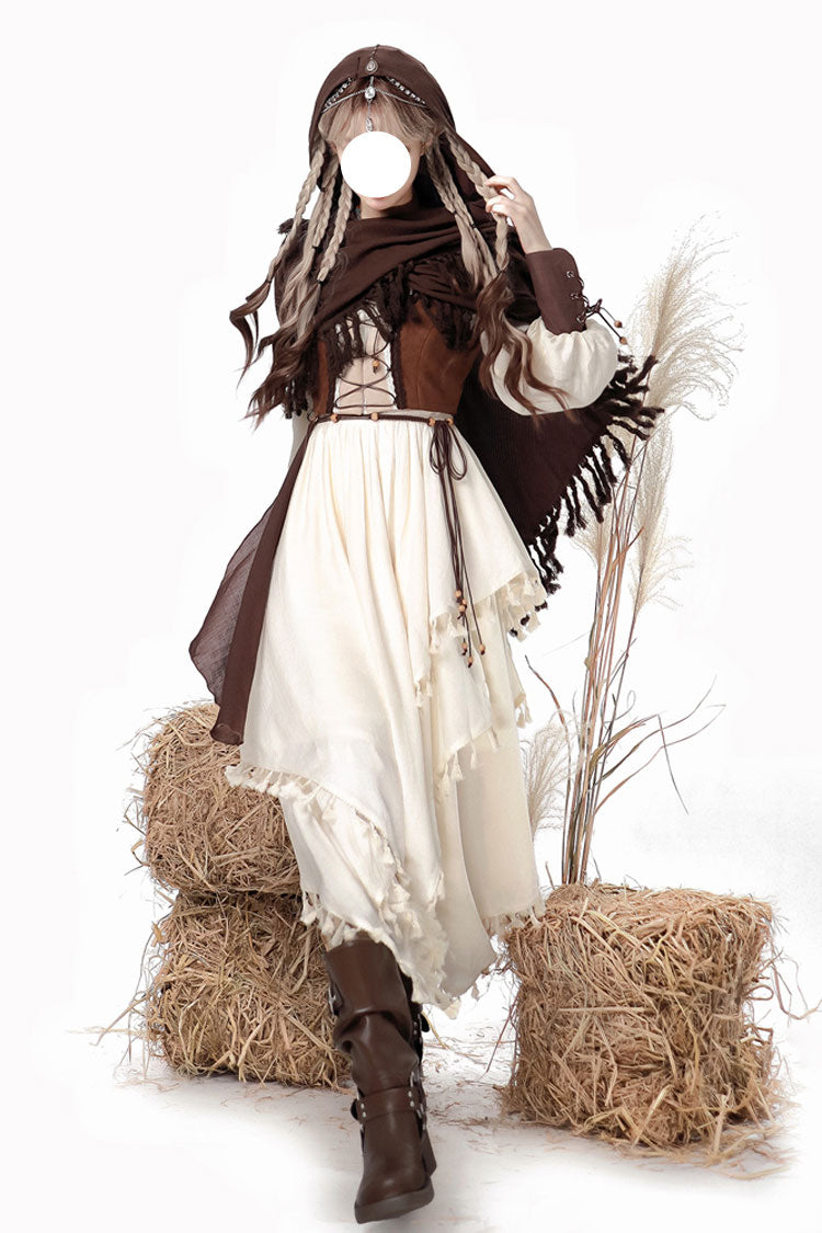 White/Brown Wandering Witch Cloak Long Sleeves Daily Irregular Lolita Dress - Product - 5