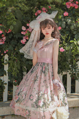 Pink Elegant Vintage French Rose Floral Print V Collar Sleeveless Ruffled Classic Lolita JSK Dress - Product - 3
