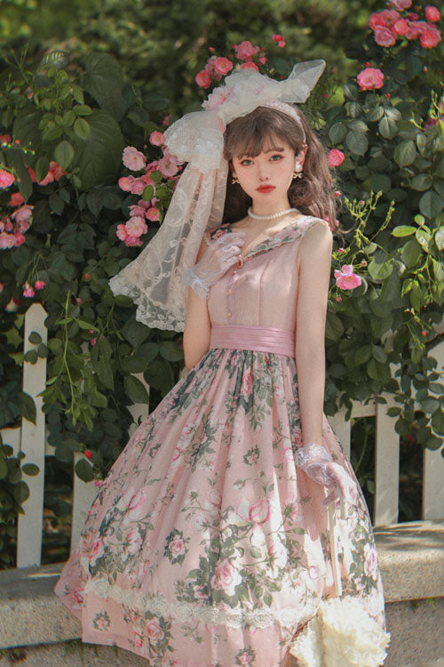 Pink Elegant Vintage French Rose Floral Print V Collar Sleeveless Ruffled Classic Lolita JSK Dress - Product - 3