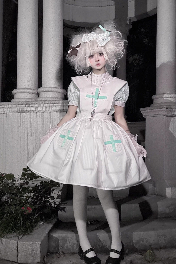 Light Green [Mint Prescription] Stand Collar Short Sleeves Vertical Stripe Printed Bow Sweet Lolita Nurse Dress - Product - 8