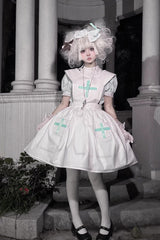 Light Green [Mint Prescription] Stand Collar Short Sleeves Vertical Stripe Printed Bow Sweet Lolita Nurse Dress - Product - 8
