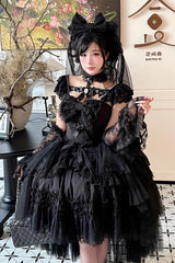 Black [Jewelry Love Story] Halterneck Ruffle Hanayome Bowknot Lace Gothic Lolita Dress - Black - 1