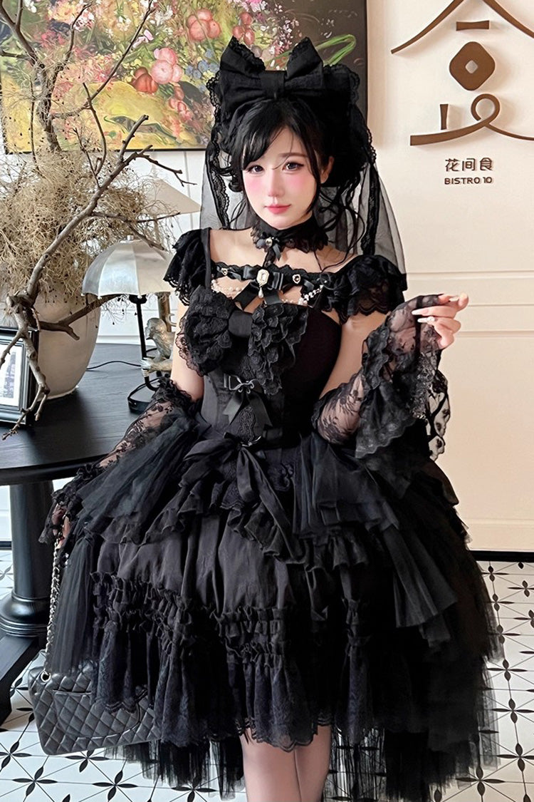 Black [Jewelry Love Story] Halterneck Ruffle Hanayome Bowknot Lace Gothic Lolita Dress - Black - 1