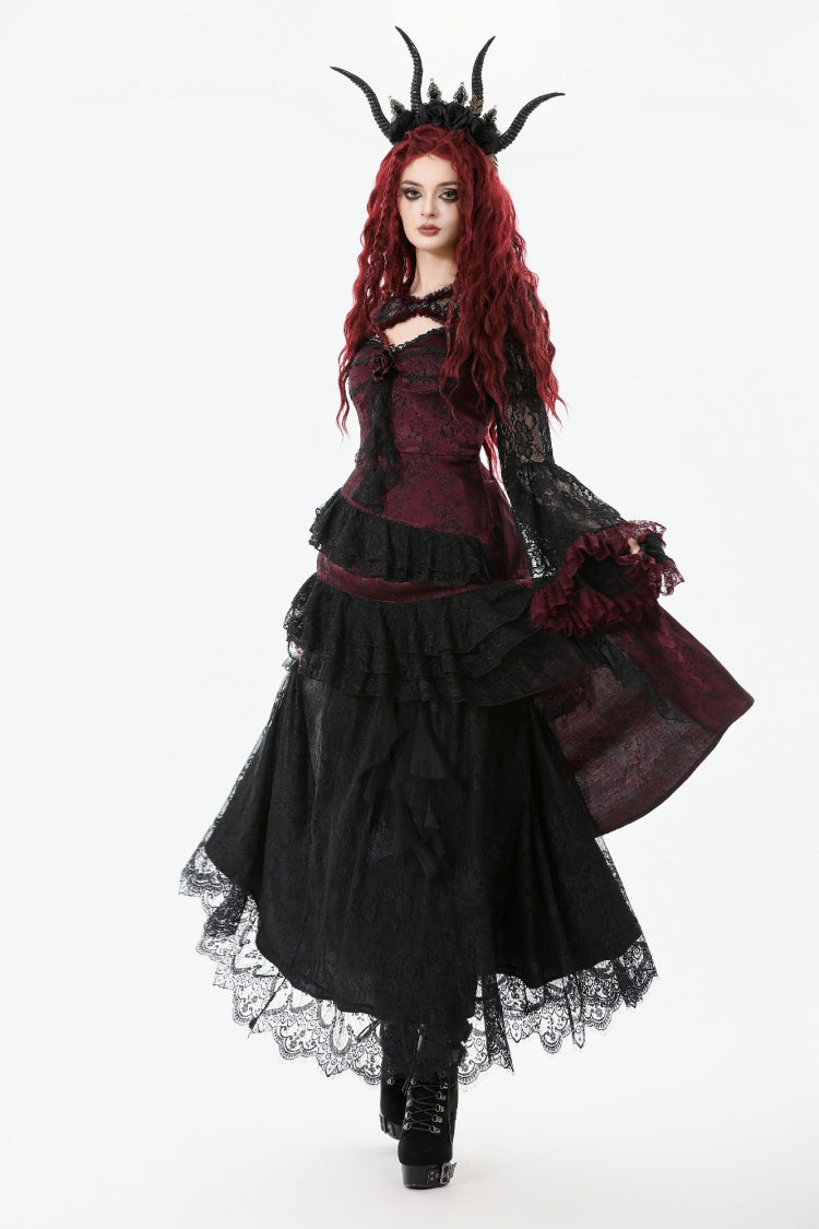 Black/Red Long Puff Flared Sleeves Floral Lace Women's Gothic Cape - Product - 2