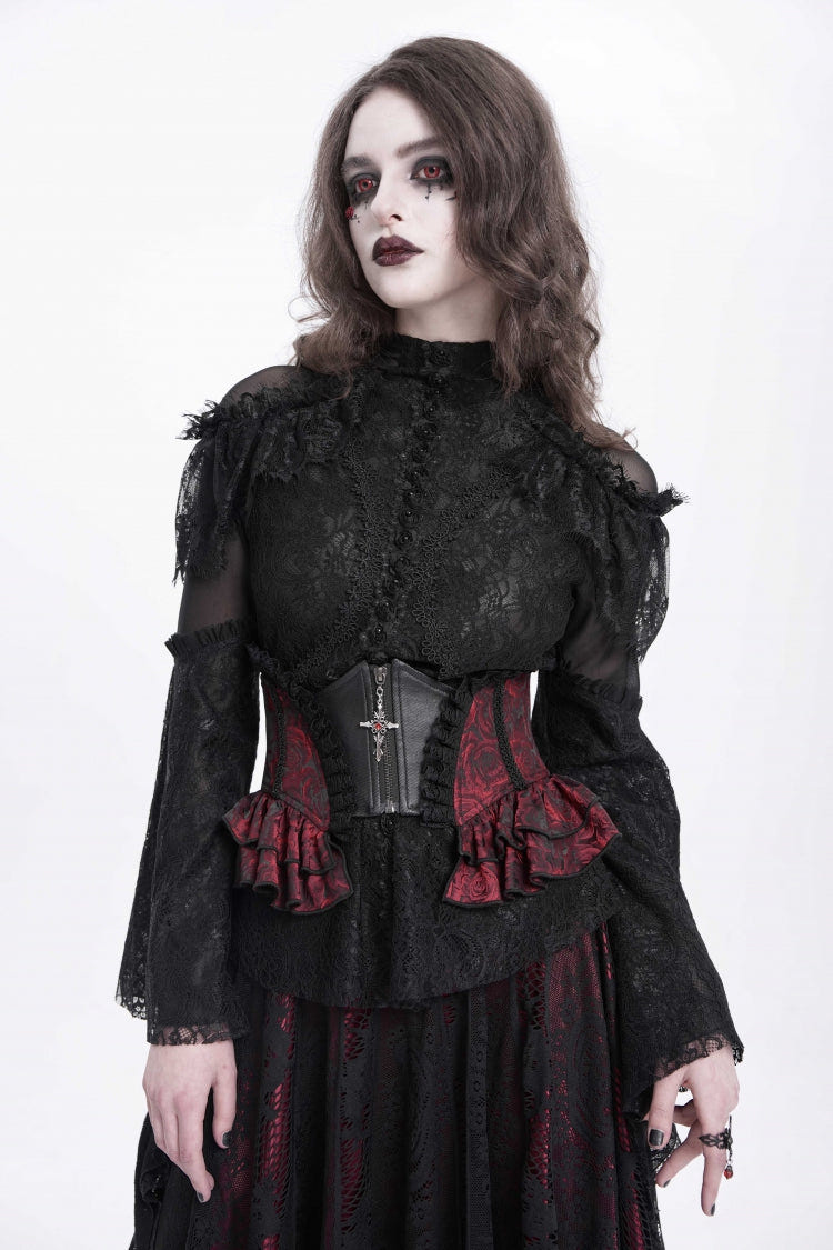 Black/Red Printed Spliced Lace Lace-Up Slim Zippered Women's Gothic Palace Corset - Product - 9