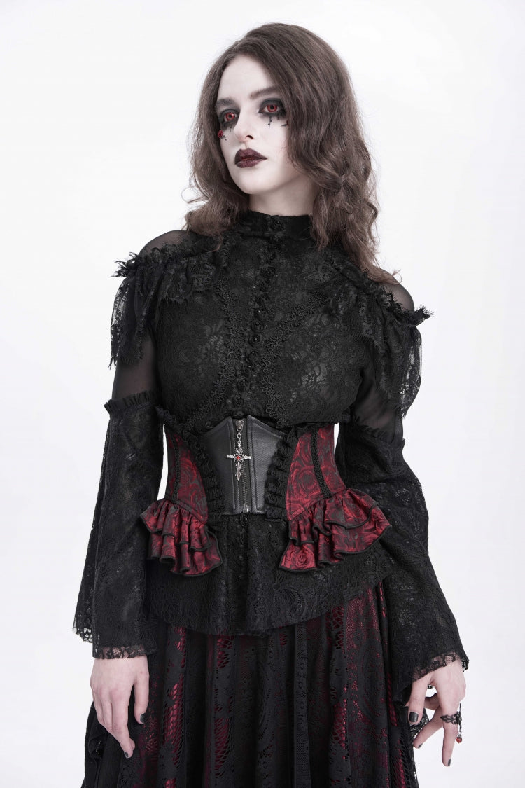 Black/Red Printed Spliced Lace Lace-Up Slim Zippered Women's Gothic Palace Corset - Product - 9
