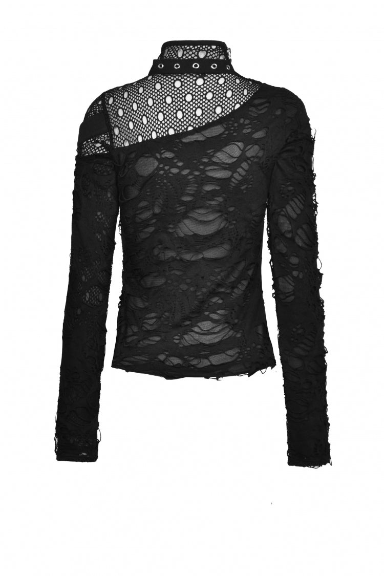 Black Women's Punk Long Sleeves Buckled Asymmetric Ripped Sheer Mesh Splice Top - Product - 17