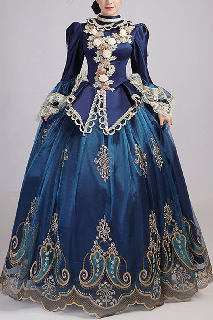 Blue Trumpet Sleeves High Waisted Three Dimensional Flower Hollow Embroidery Print Victorian Lolita Prom Dress - Blue - 1