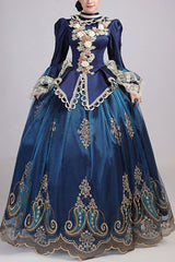 Blue Trumpet Sleeves High Waisted Three Dimensional Flower Hollow Embroidery Print Victorian Lolita Prom Dress - Blue - 1