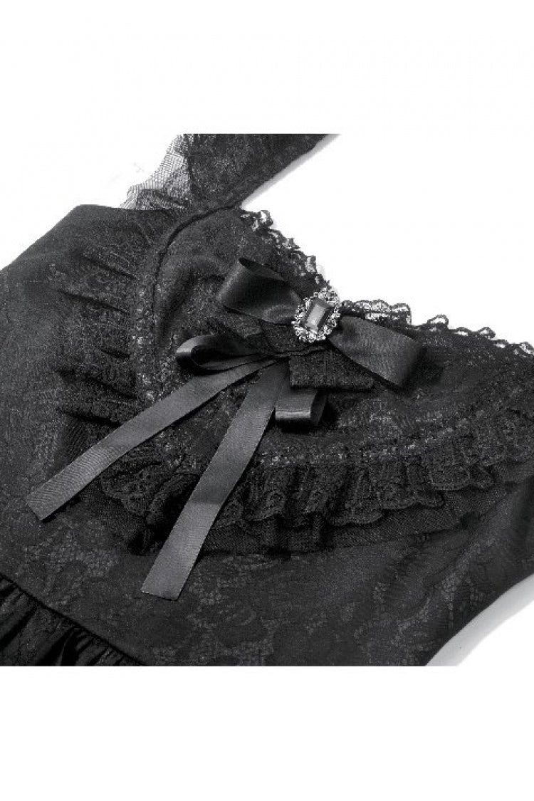Black Flutter Sleeves Jacquard Bowknot Lace Ruffled Lace-Up Women's Gothic Cake Mini Dress - Product - 14