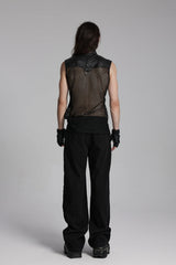 Black Stand Collar Sleeveless Mesh Triangle Eyelets Men's Punk Vest - Product - 6