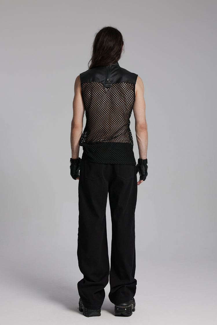 Black Stand Collar Sleeveless Mesh Triangle Eyelets Men's Punk Vest - Product - 6