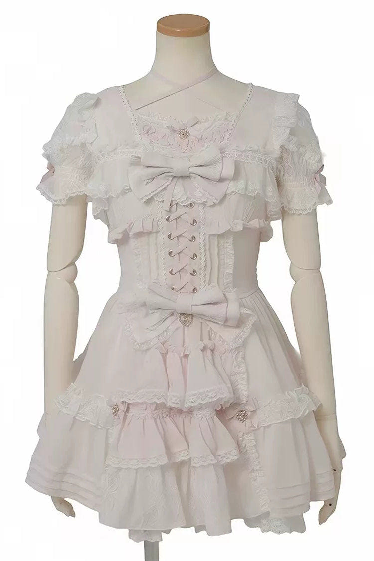 Sweet Short Sleeves Ruffled Bow Lace Jirai Kei Japanese Plus Size Lolita Dress 3 Colors - Pink - 1