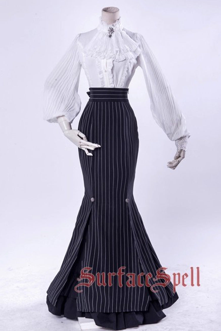 Black [Lorelei] Double-Layered Striped Print Ruffle Gothic Elegant Lolita Mermaid Maxi Skirt - Product - 4