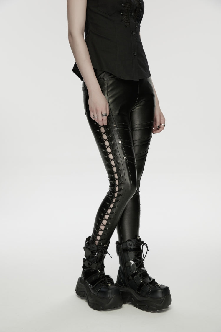 Black Studded Women's Punk  Drawstring Leggings - Product - 6