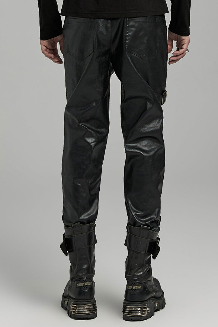 Black Zipper Men's Punk Faux Leather Pants - Product - 3
