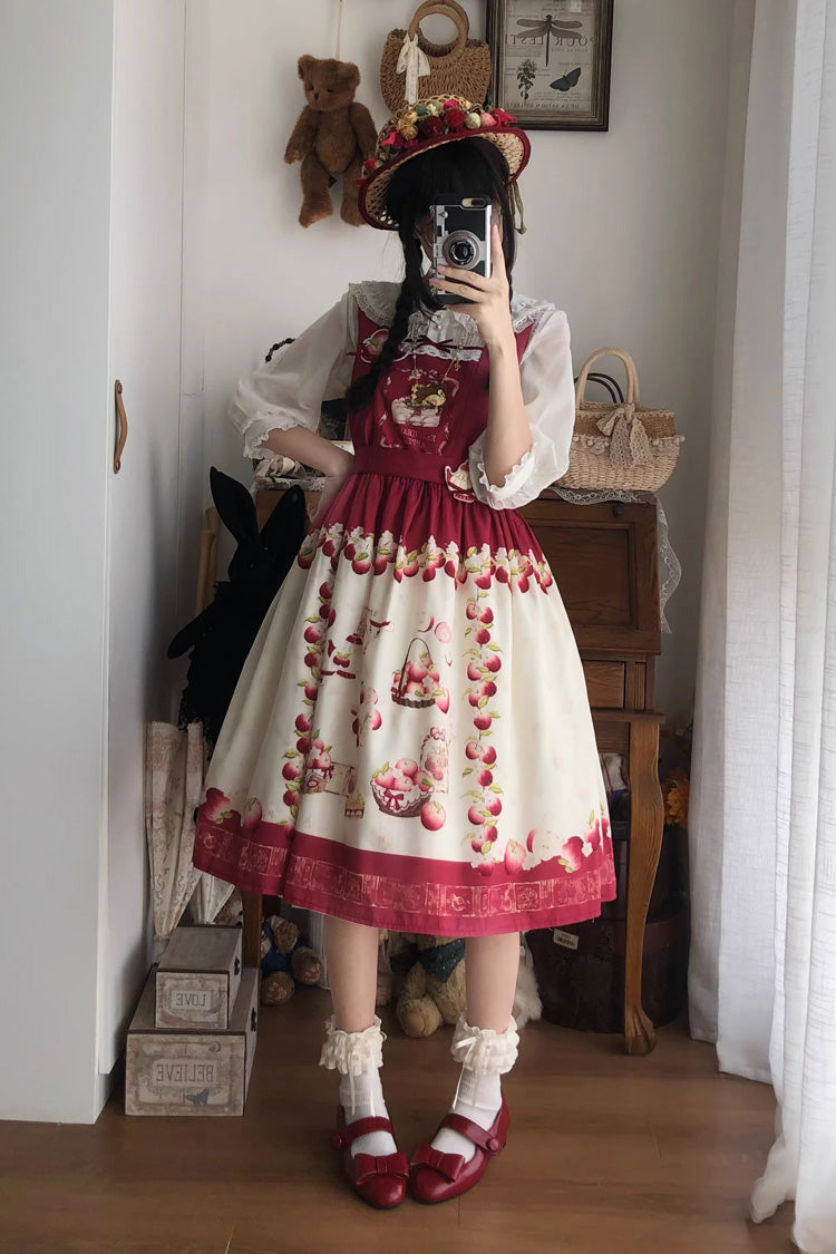 Red [Apple Basket] Sleeveless Printed Bow Sweet Lolita Jsk Dress - Red - 1