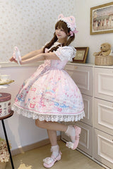 Pink [Cute Rabbit Sweet Cake] Print Ruffle Bowknot Lace Sweet Lolita Jsk Dress - Product - 6