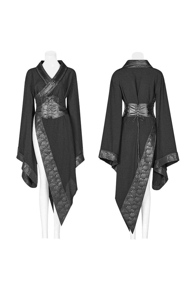Black V Neck Metal Buckle Strap Waist Lace-Up Flare Sleeve Wave Printing Asymmetric Hem Kimono Women's Punk  Dress - Product - 5