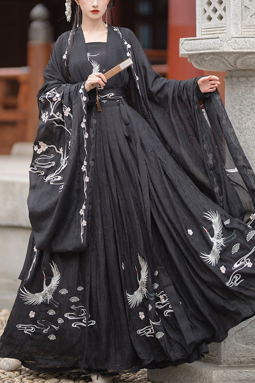 Original Chinese Ancient Style Heyungui Hand Embroidery Sweet Hanfu Dress Full Set - Black - 1