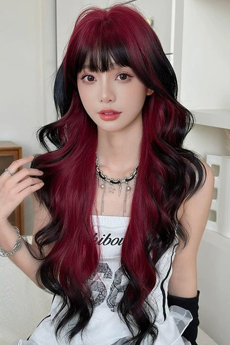 Harajuku Y2K Ombre Long Fluffy Loose-Wavy Sweet Lolita Wig with Full Bangs 2 Colors - Black/Burgundy - 2