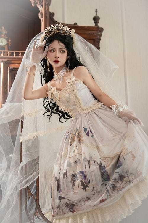 Beige Elegant Vintage Gorgeous Hymn Print High Waisted Sweet Lolita JSK Dress - Product - 5