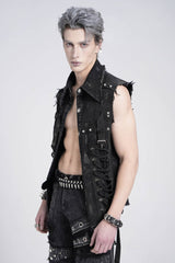 Black Sleeveless Studded Lace-Up Men's Gothic Distressed Vest - Product - 3