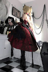 Red [Rose Dish] Ruffle Embroidery Cardigan Bowknot Lace-Up Gothic Lolita Jsk Dress - Product - 6
