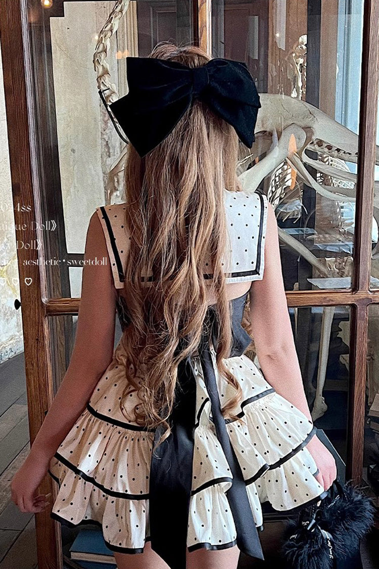 Apricot Multi-layer Polka Dots Print Navy Doll Ruffle Bowknot Sweet Lolita Tiered Dress - Product - 6