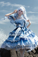 Blue [Jellyfish] Gradient Print Ruffle Embroidery Bowknot Lace Asymmetric Sweet Elegant Lolita Jsk Dress - Product - 12