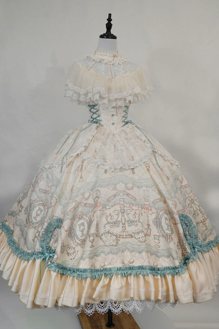 Ivory [Cloudborne Prelude] Edwardian Collar Jacquard Printed Ruffled Bow Lace Fishbone Sweet Classic Lolita Dress - Product - 4