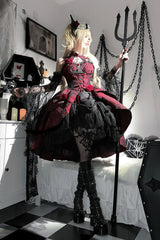 Black/Red [Weeping Rose] Jacquard Print Ruffle Cardigan Bowknot Lace-Up Gothic Lolita Dress - Product - 5
