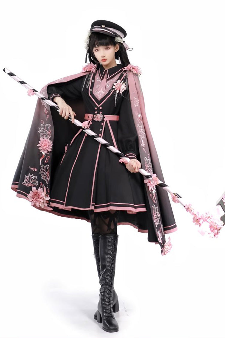 Black/Pink Long Sleeves Ruffle Gothic Military Elegant Princess Lolita Dress - Product - 9