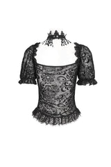 Black Short Sleeves Print Ruffle Lace Sheer Women's Gothic Blouse - Product - 7